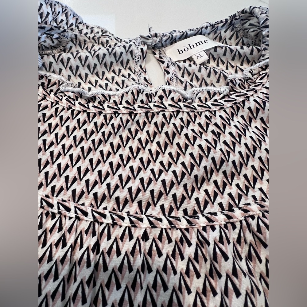 BOHME tiered high neck rayon midi dress in white brown & black print, size XL - Picture 6 of 9